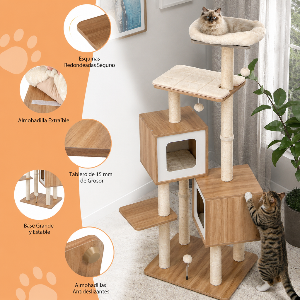 Árbol Para Gatos Con 2 Condominios Y Cojines Lavables